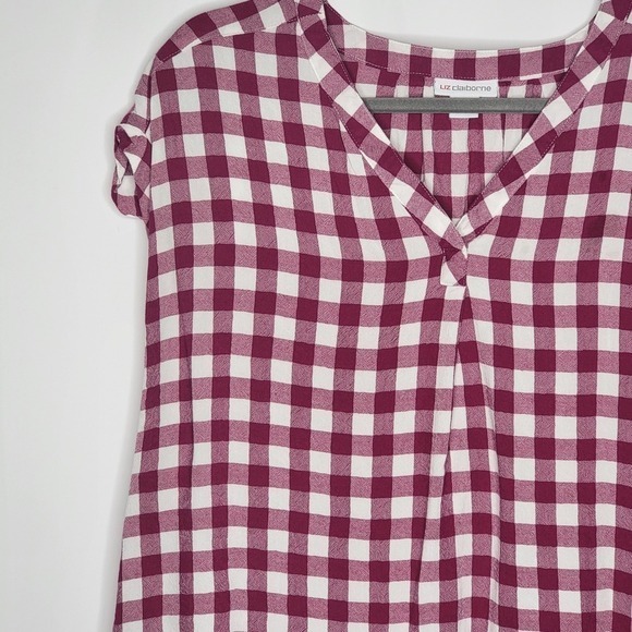Liz Claiborne Womens  Top Size L Red White Plaid V Neck Country Cuffed Sleeve - Picture 4 of 9